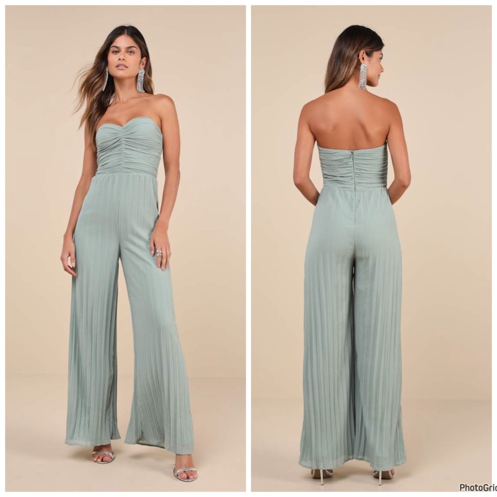 Lulu's Sage Strapless Pleated Wide-Leg Jumpsuit